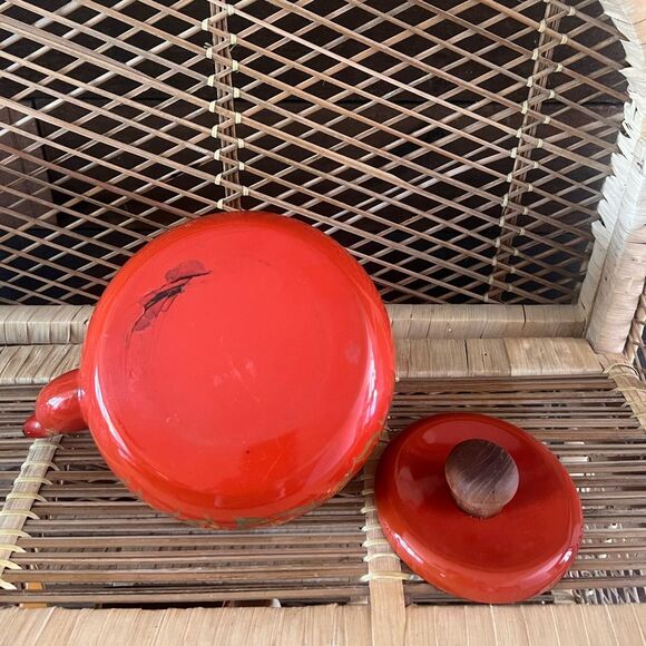 Vintage Enameled Tea Kettle Pot Japan Teak Handle Flower Power Floral AS IS - Picture 8 of 10